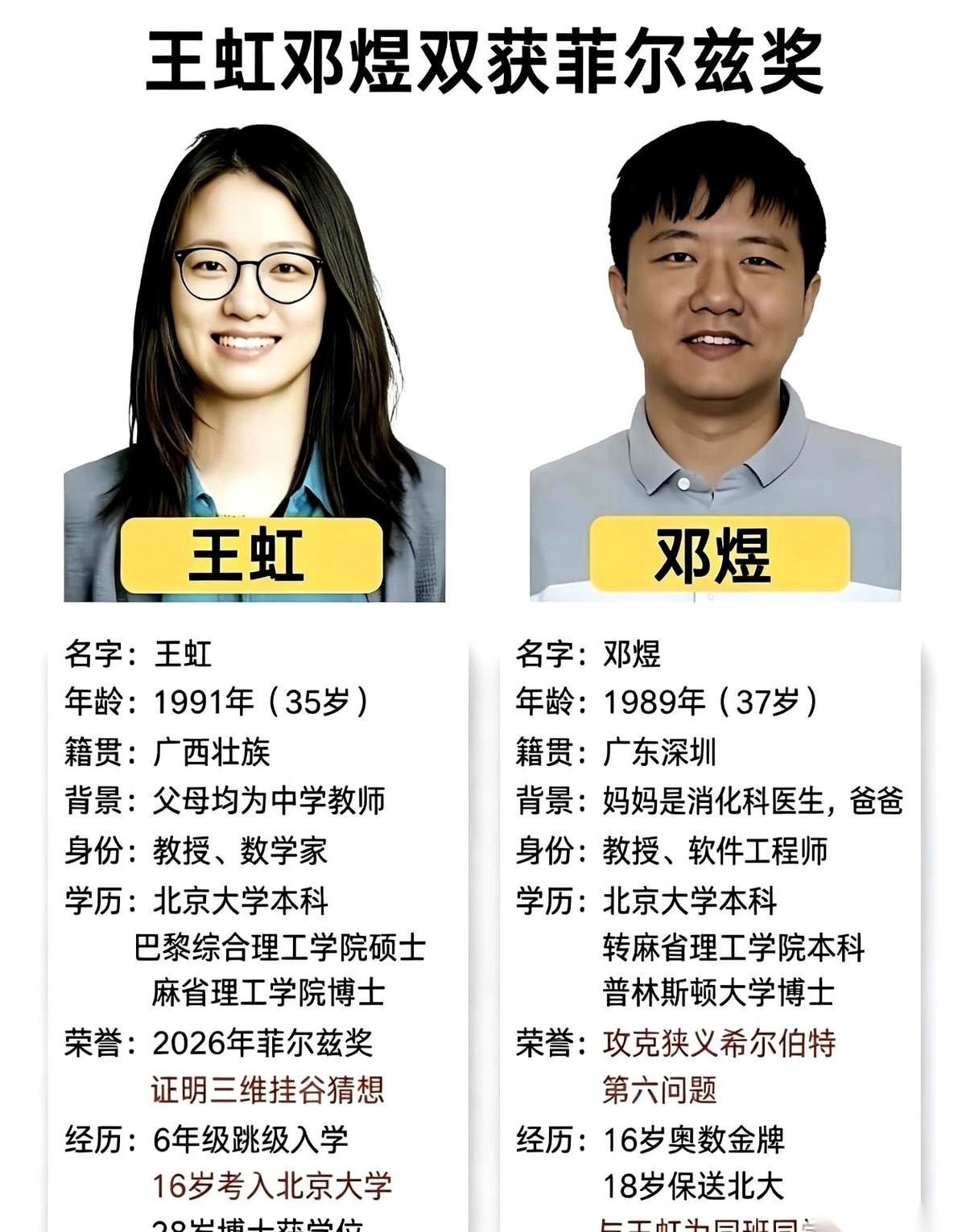 同样是菲尔兹奖的奖章，挂在邓煜和王虹的脖子上，闪出的光是一样的。但如果你翻开这