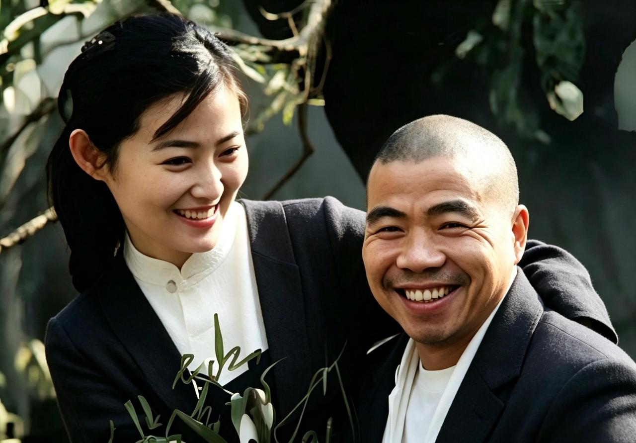这是老水浒中潘金莲的扮演者王思懿与武大郎的扮演者宋文华嬉戏打闹。在戏里面，王思懿