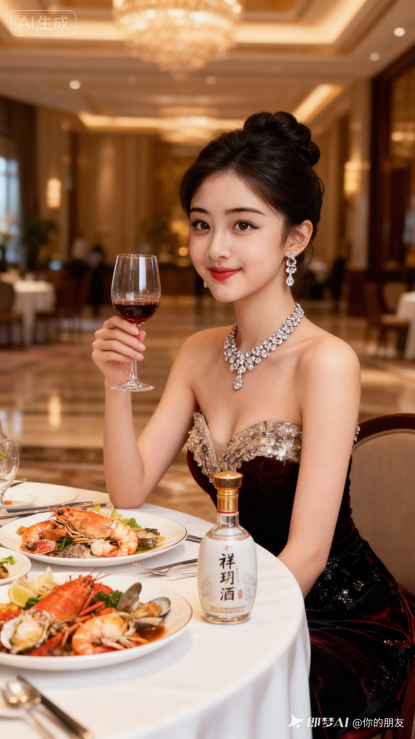 她着高贵礼服，身姿挺拔、眉眼精致、红唇亮眼，气质优雅端庄。