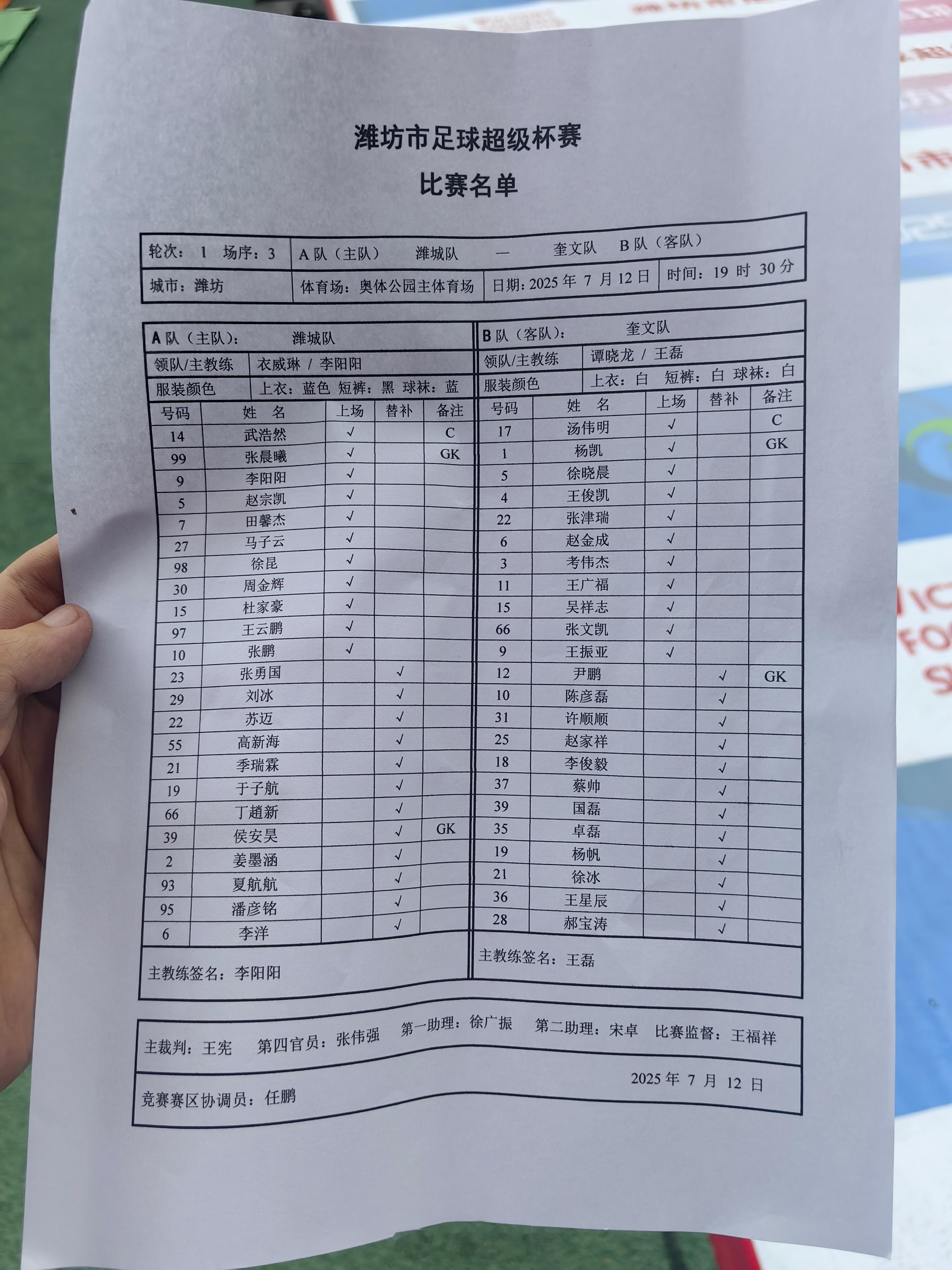 2025潍坊市足球超级杯赛潍城队VS奎文队首发名单。[鼓掌][鼓掌][鼓掌]