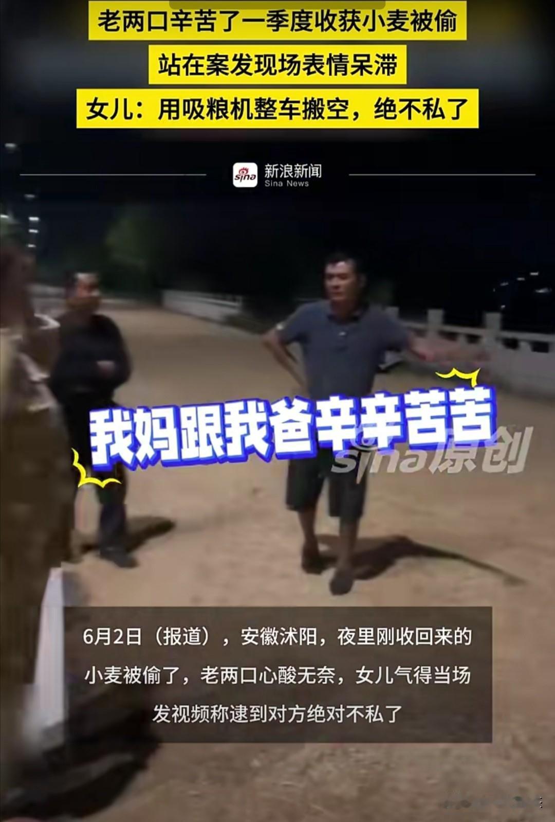 据媒体报道，安徽沐阳6月2日发生了一起偷窃小麦的案件。当地一对老夫妻辛苦了一个季