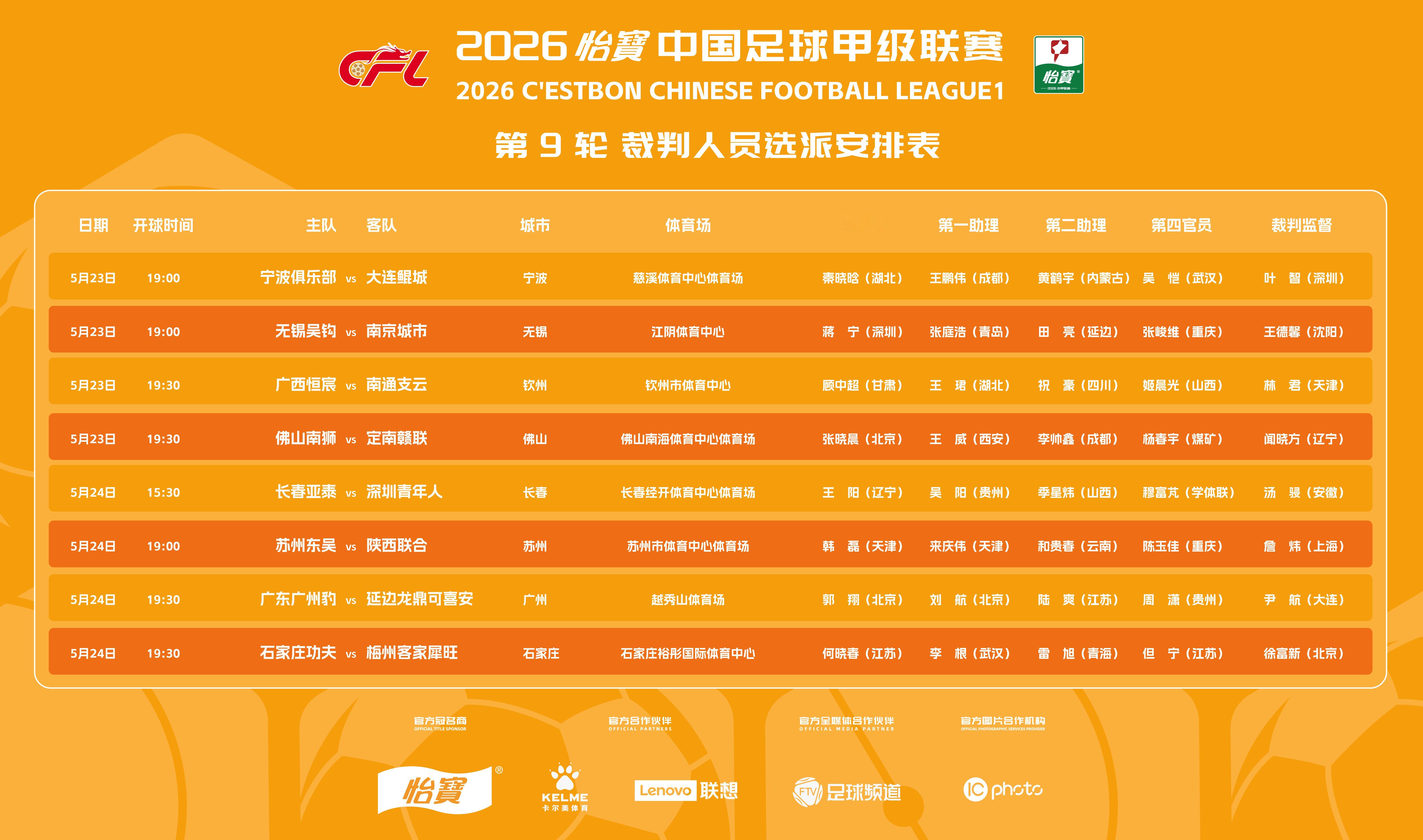 2026怡宝中甲联赛第9轮裁判选派结果公布，具体安排如下：一起登场中甲联赛