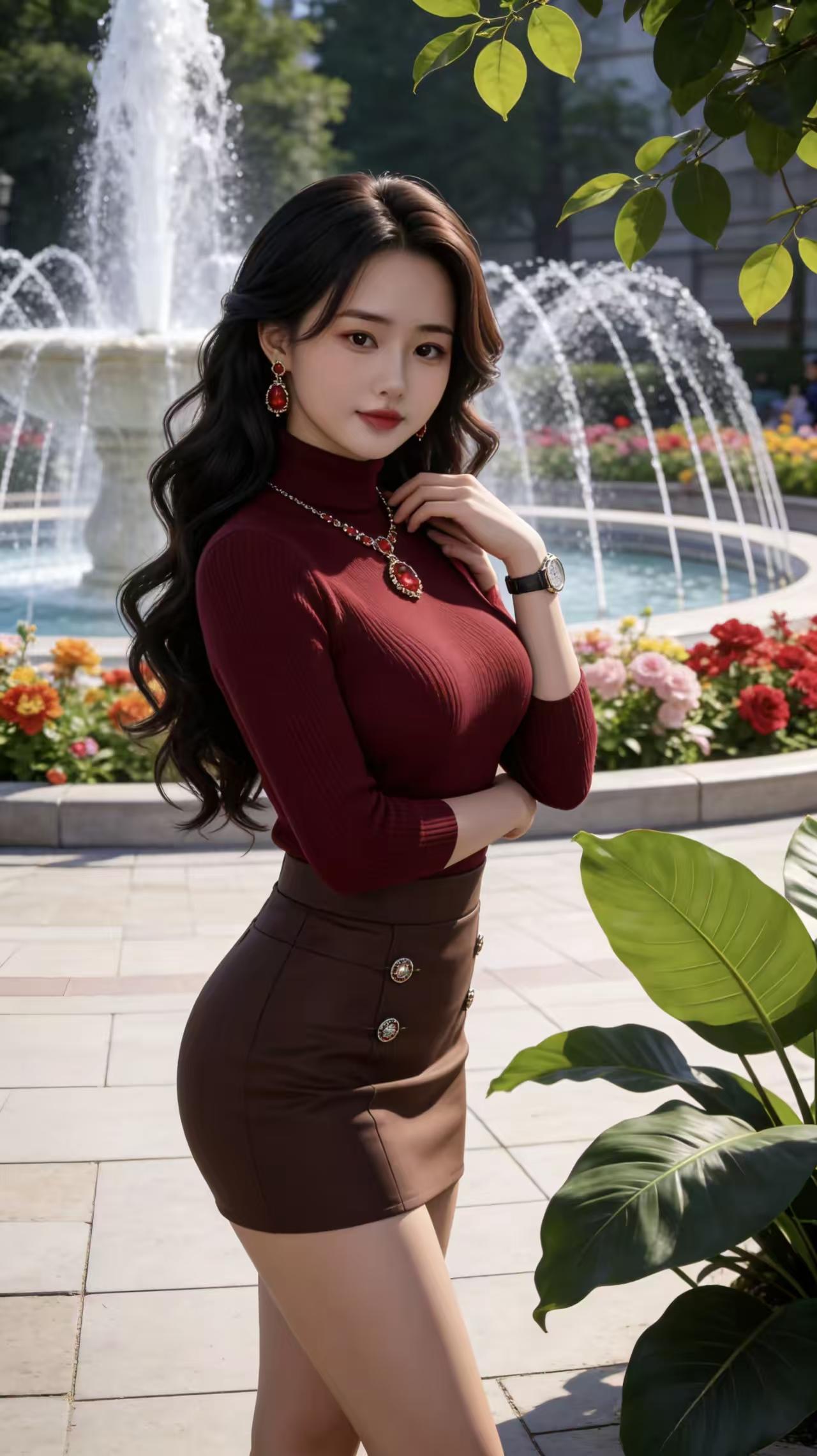 红裙佳人红裙曳地映波光，水畔徐行韵绕梁。顾盼间生千种媚，风姿绰约意悠长。