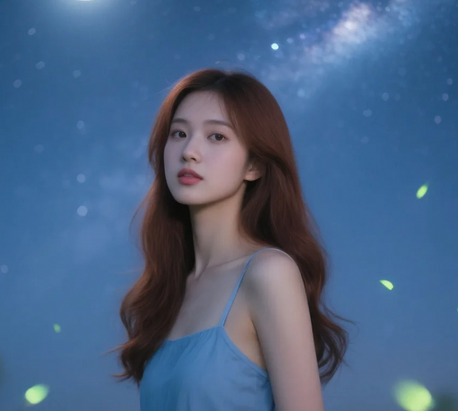 她仰望星空的眼神里，藏着无数未说的故事。