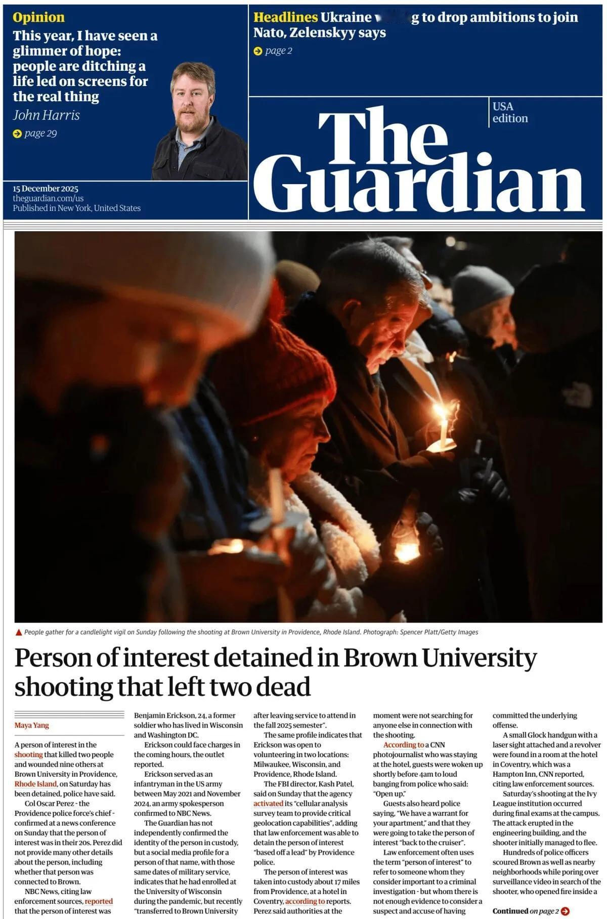 《卫报》头版报道称，美国罗德岛州普罗维登斯市布朗大学发生枪击事件后，人们于周日聚