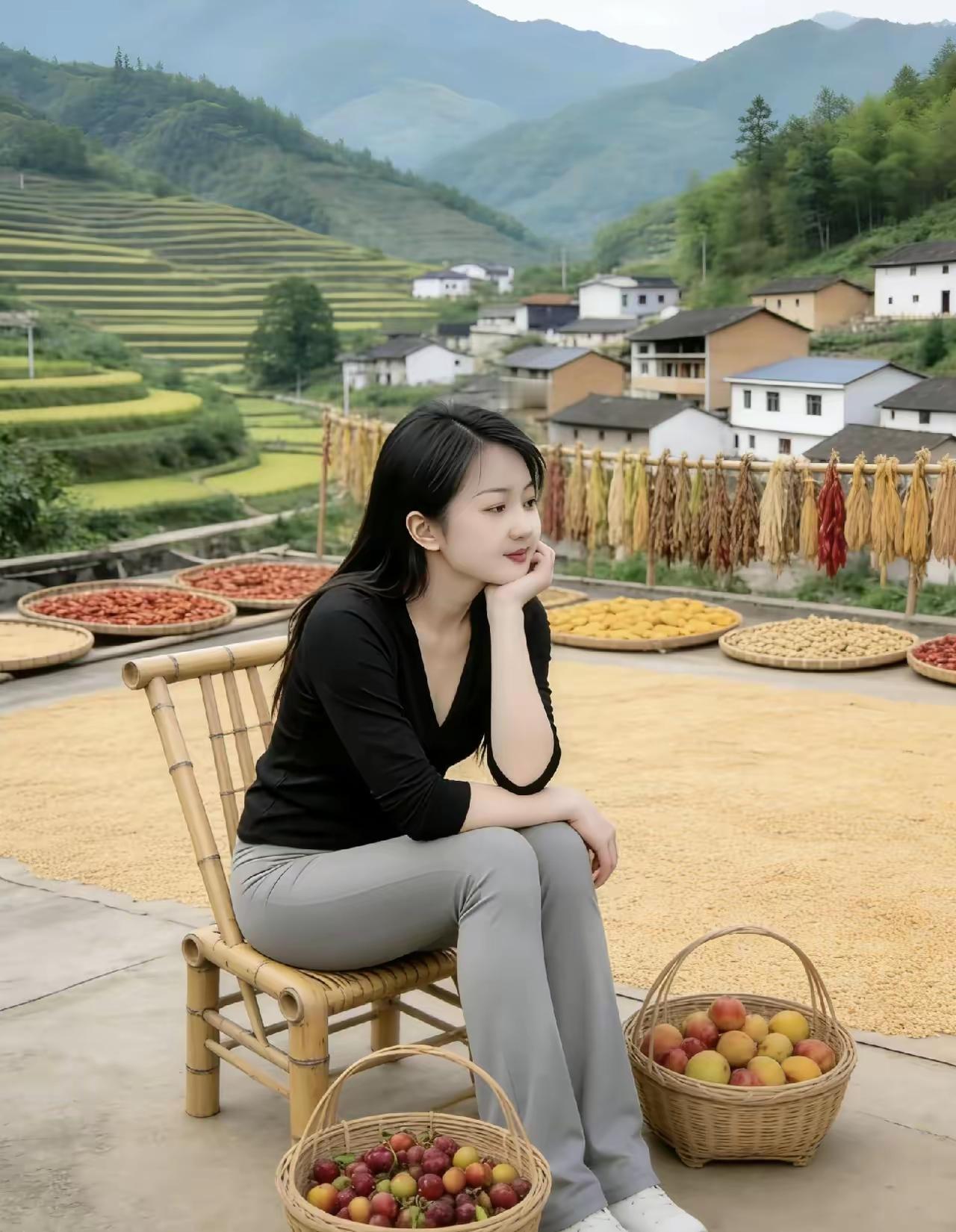 田园风光中的静谧时光，晒干的辣椒和水果篮子，乡村生活的美好。