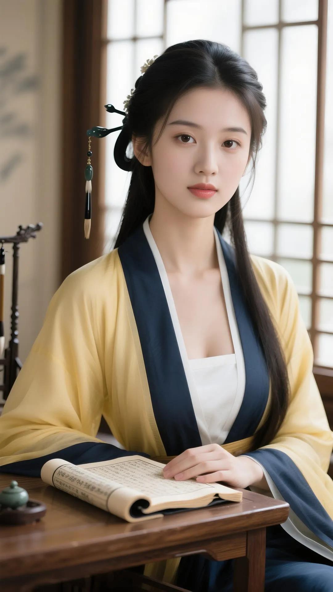 古风少女静坐书房，手捧古卷，书香浸染时光。