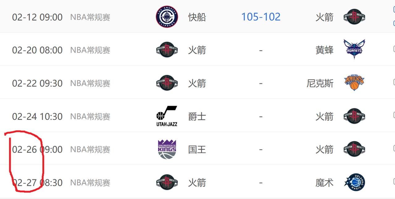 看了下火箭接下来的赛程，2月20号到27号这8天要打5场比赛，其中还有背靠背，算