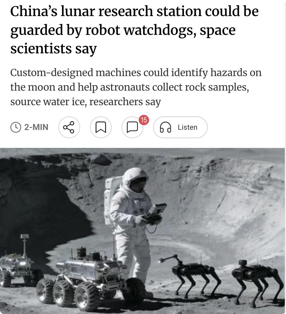 外媒：中国月球科研站或部署机器狗"看门护院"。中国空间技术研究院研究人员在《