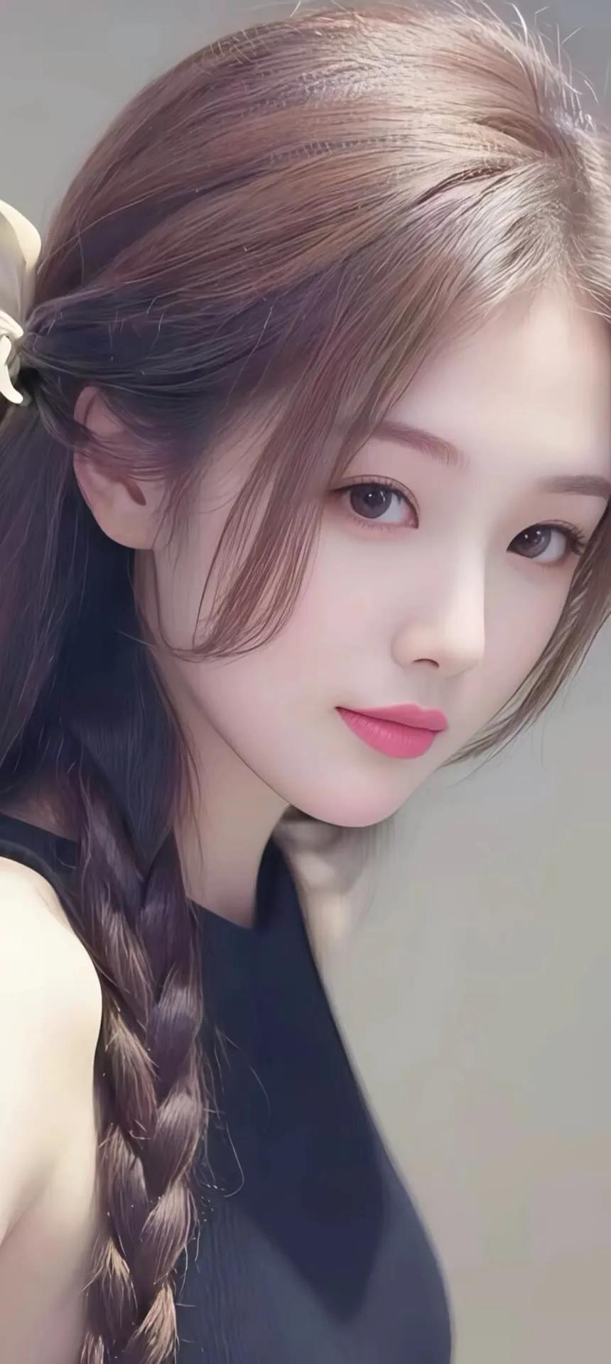 温柔甜美的少女，粉色唇妆，编发造型，清新自然。