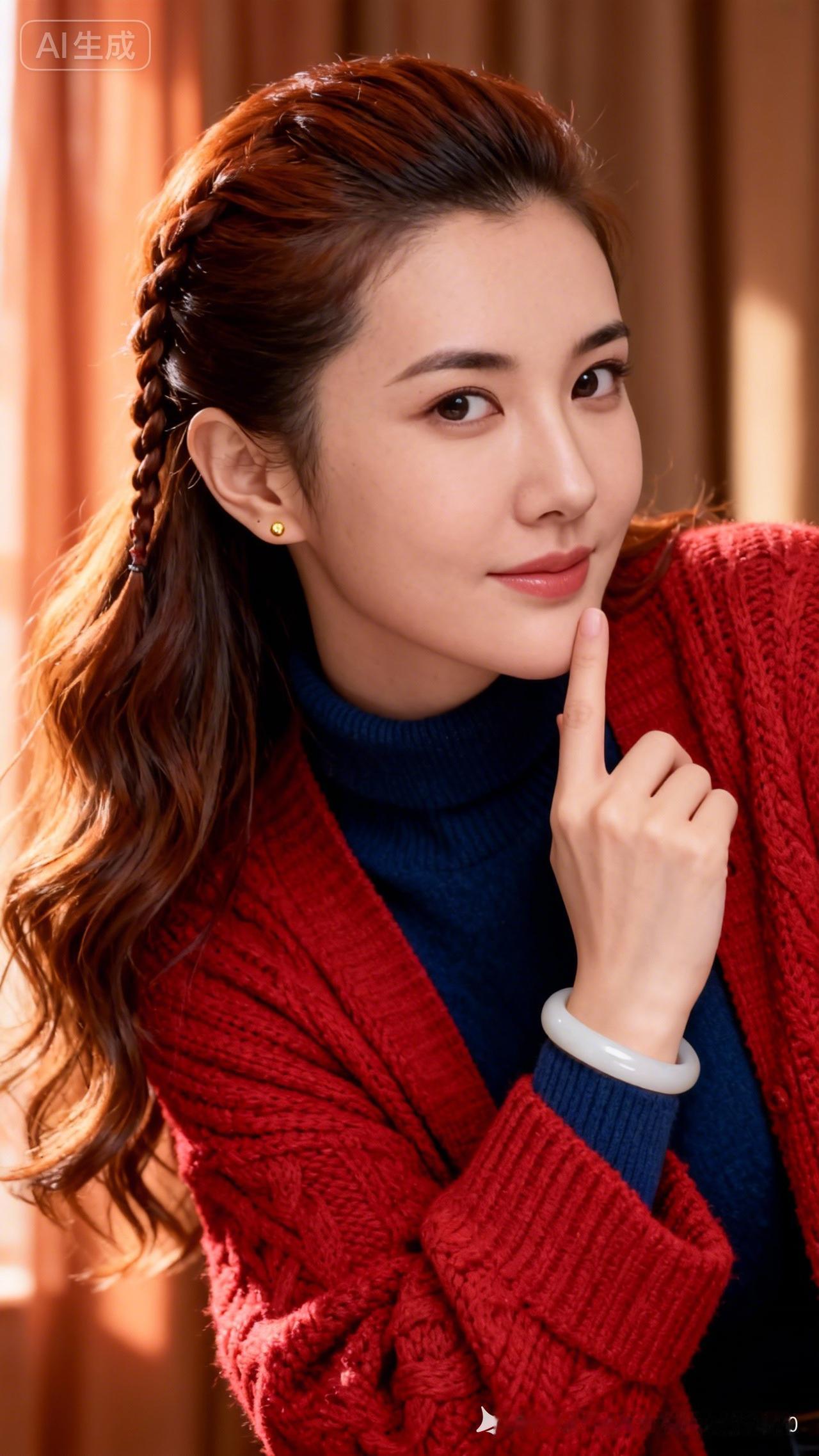 冬日暖阳下的温柔微笑，红毛衣与金发相得益彰，时尚又温暖。