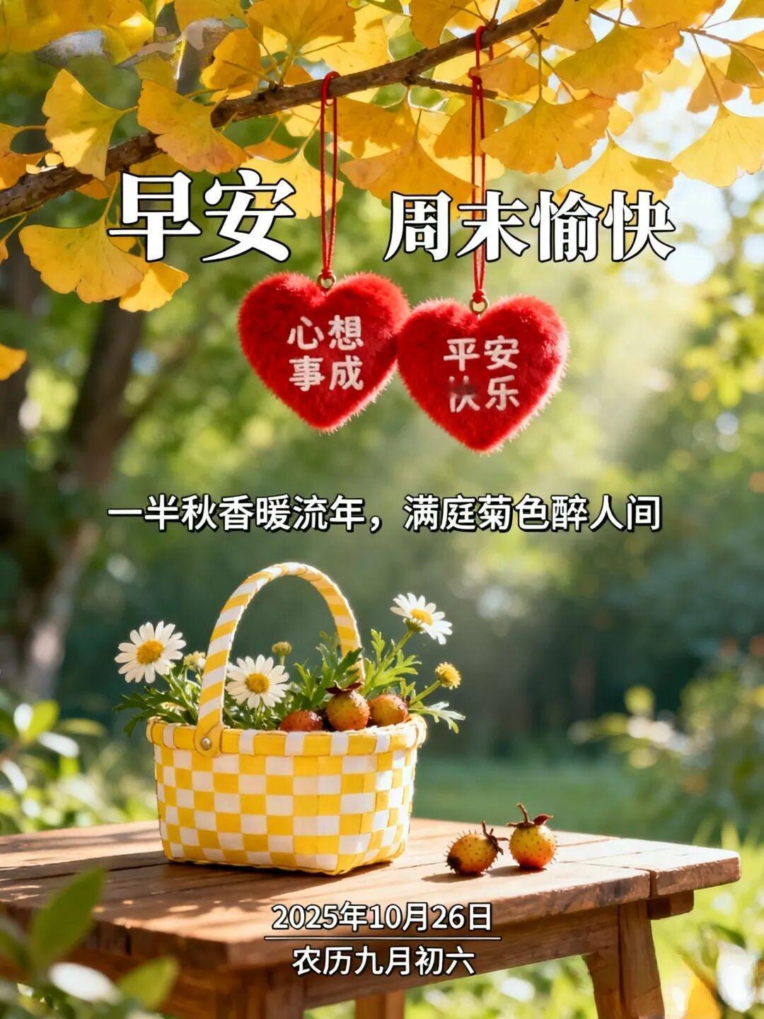 周末愉快，美好的清晨，带着秋意，带着花香，带着快乐，带着健康，送上我的祝福。愿