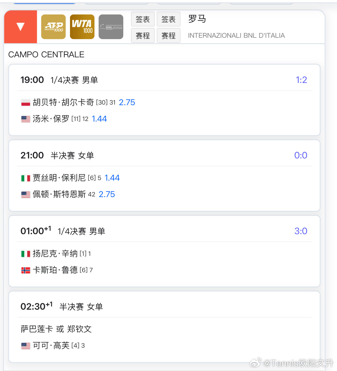 瞅一眼罗马赛明天的赛程第二场女单半决赛的时间凌晨两三点钟诶先看今天的1/4决赛吧