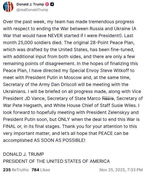 美总统发文概述乌克兰和平进程！根据总统的社交媒体发文得知，总统已经派遣特使惠特