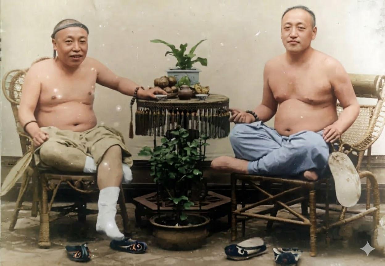 这是一张充满生活气息的清末私家留影，定格了两位家境优渥的中年男子，在自家庭院里袒