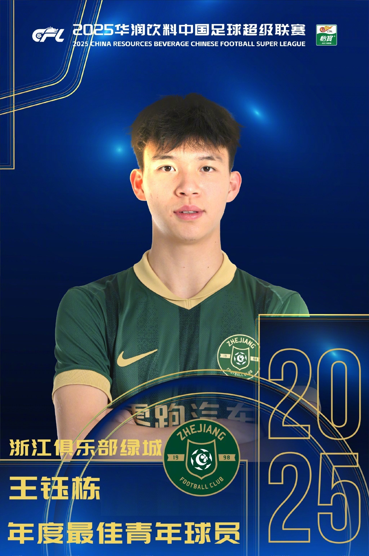 今日2025赛季中国足球职业联赛颁奖会正在进行，19岁浙江前锋王钰栋荣膺本赛季中