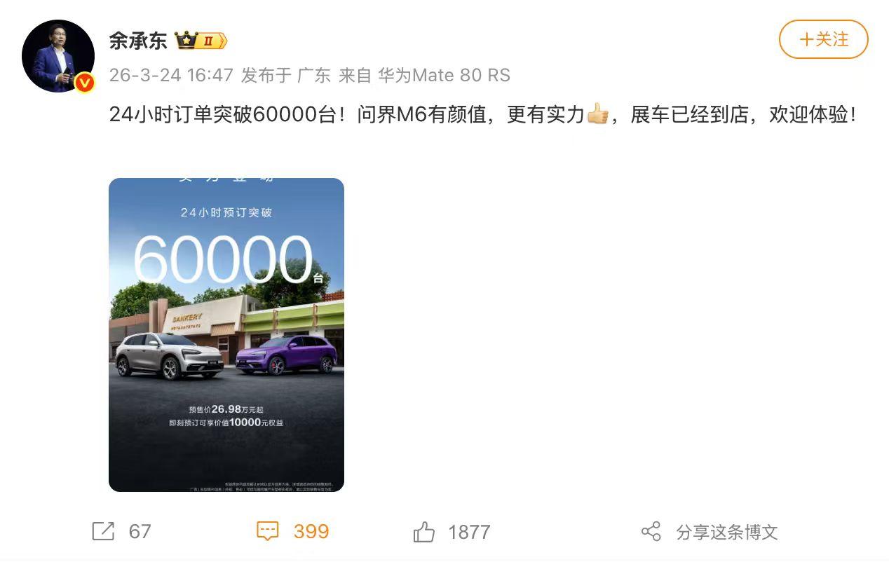 问界M624小时订单破6万，背后是年轻化赛道的逻辑变了问界M6预售首日订单突