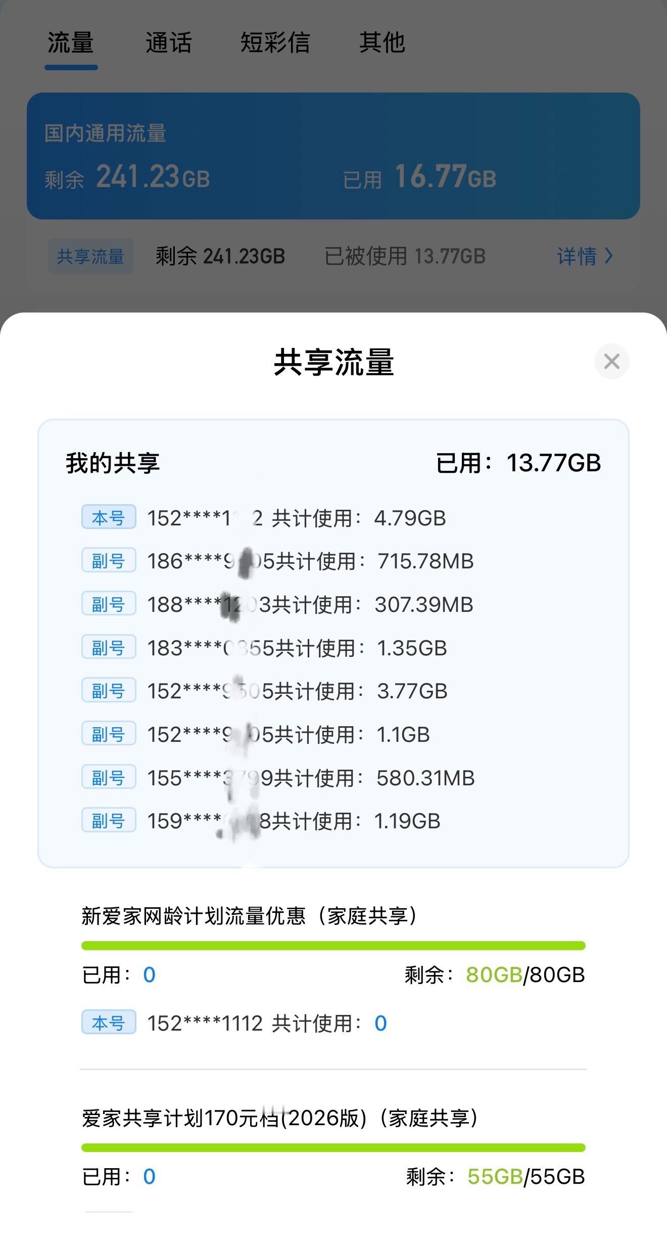 移动内心：你们全家用一个套餐呀？谁让你全家享套餐当时说可以最多18个号共享呢[憧