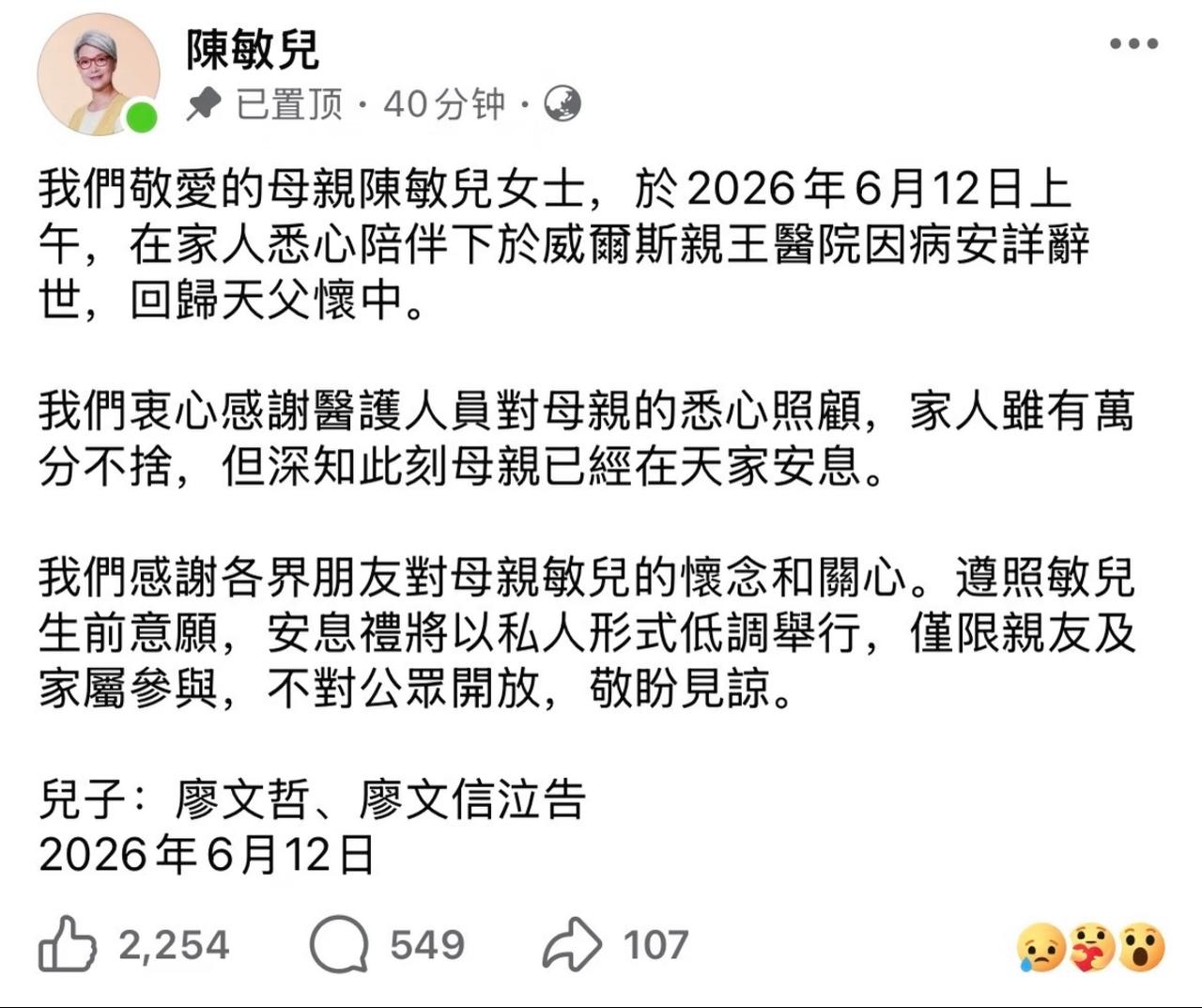 哎，廖启智的妻子陈敏儿也走了，今年65岁。2021年，廖启智因为癌症去世，前