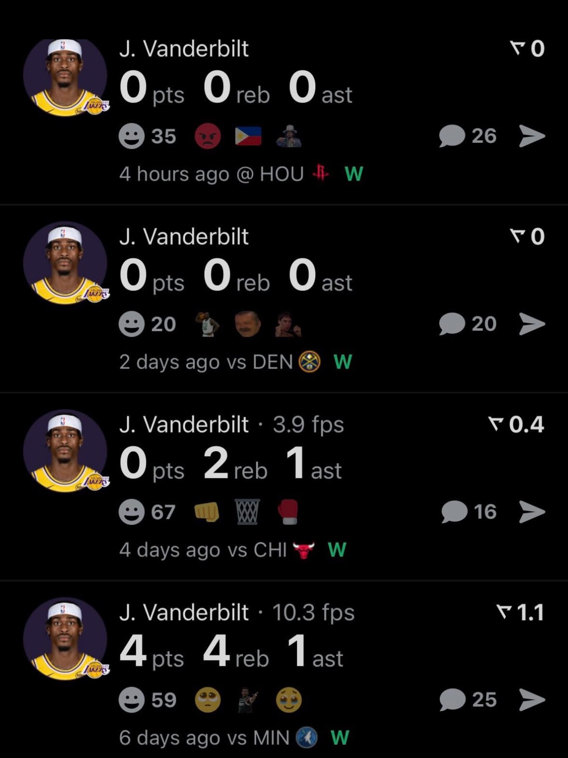 从湖人全员健康，加上最近几乎场场都是高端局，范德比尔特得上场时间变得很有限，但他