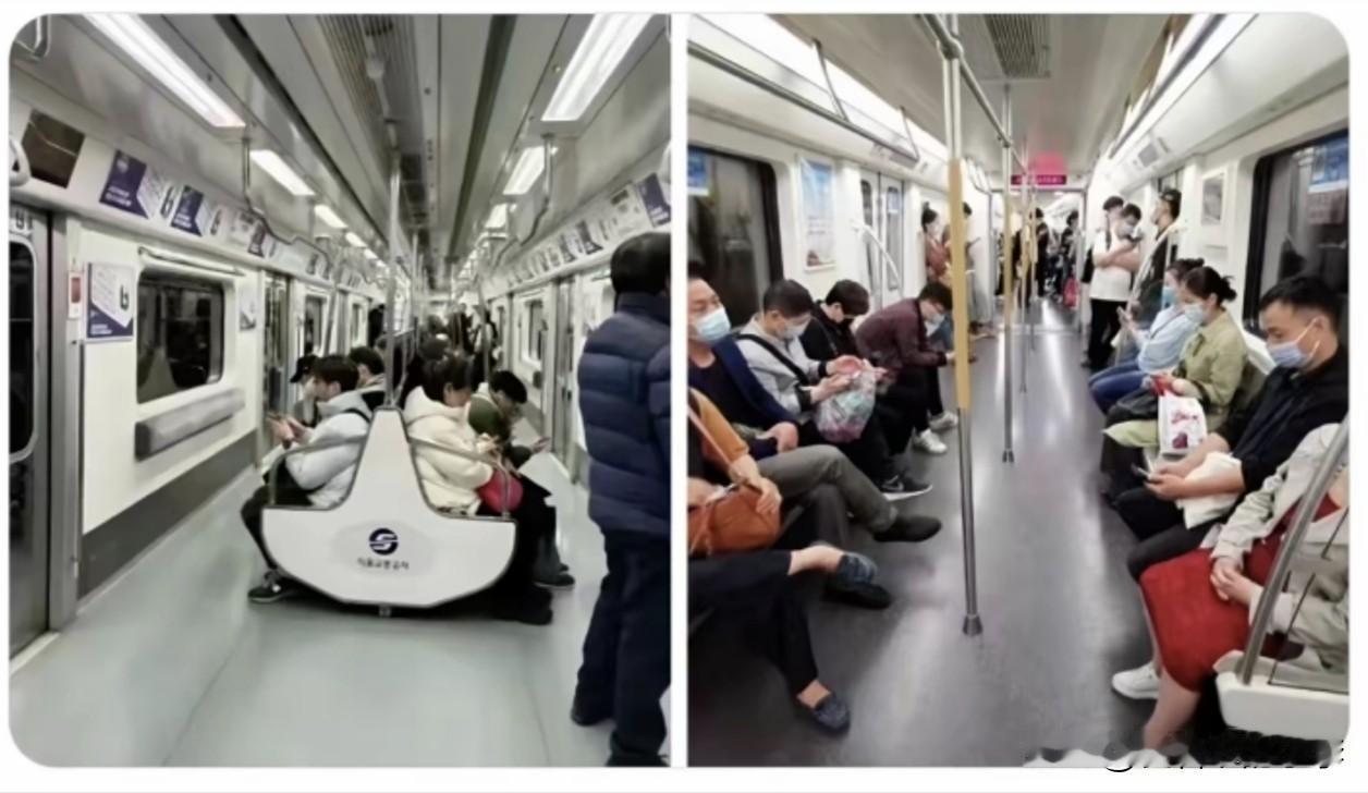 左图韩国地铁右图中国地铁你们觉得哪种布局更舒适？我前段时间去过