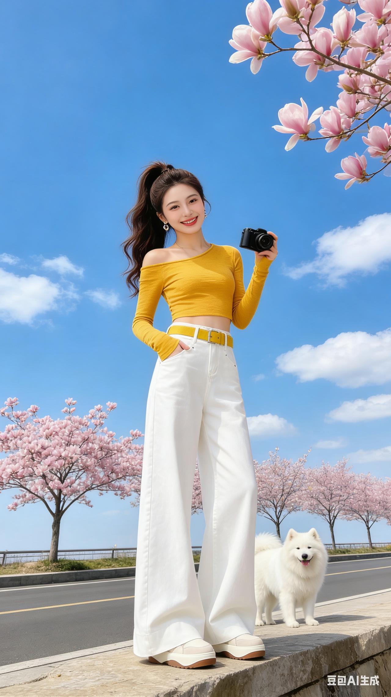 春日穿搭指南：黄色露肩上衣+白色阔腿裤，搭配可爱狗狗，秒变元气少女！🌸📸