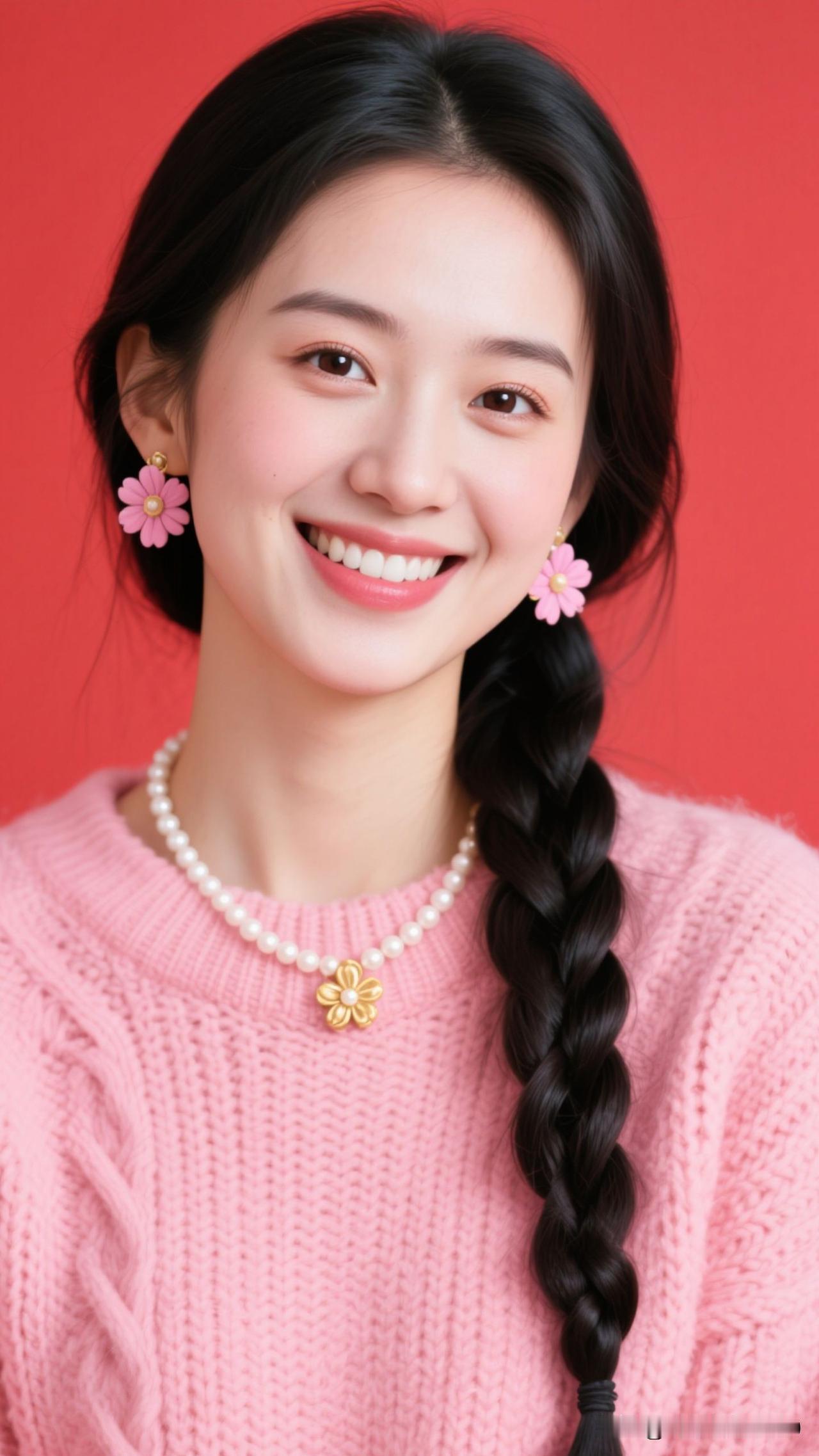 🌷浅粉为笺，双辫是裁下的风，花与珍珠在颈间耳畔跳成诗，她站在那里，就是鲜活本