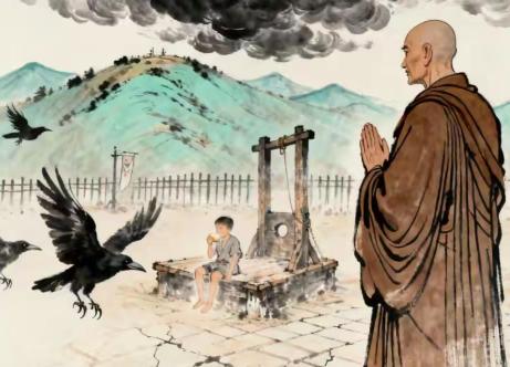 高僧路过刑场，见一男童在断头台上啃馒头，身后乌鸦盘旋不落，高僧合掌：“破军坐命，