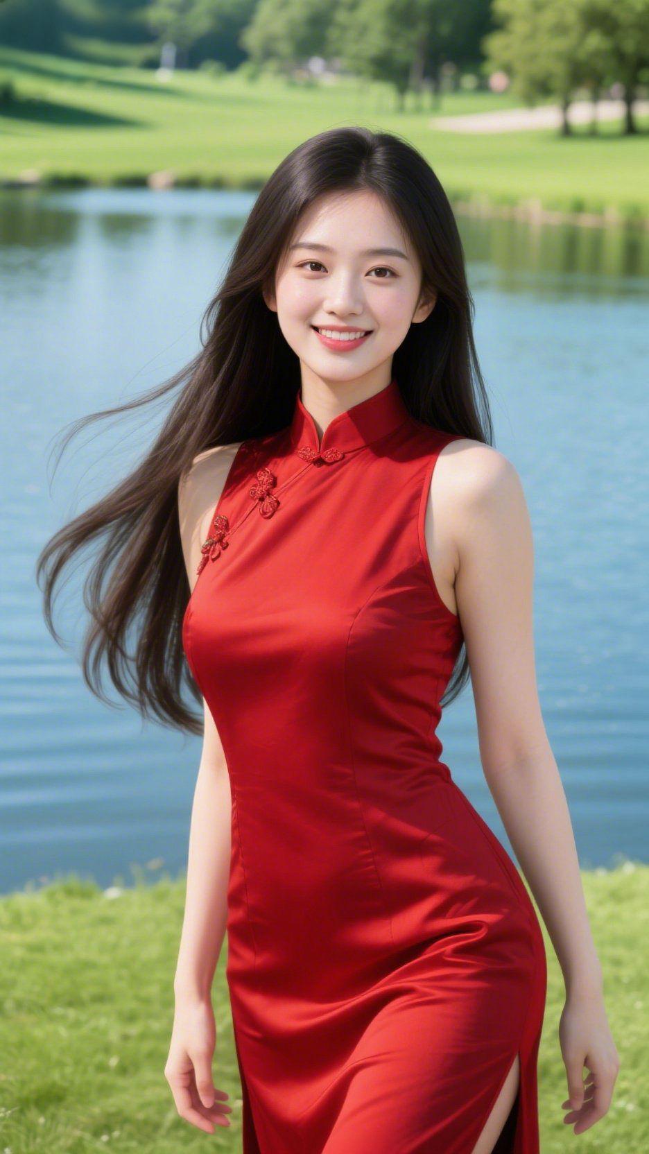 《红衣栖春湖》风携着草香漫过湖畔，墨发随步履轻扬如流云。那抹正红的旗袍，衬