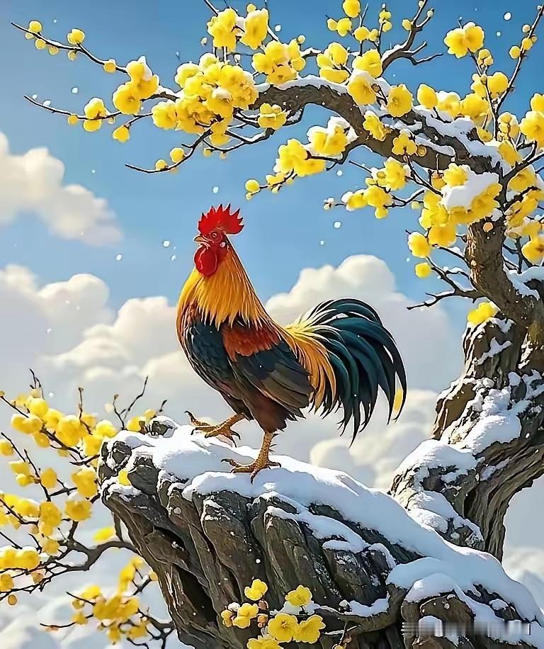 冬日暖阳下，公鸡傲立雪中，黄花开满枝头。