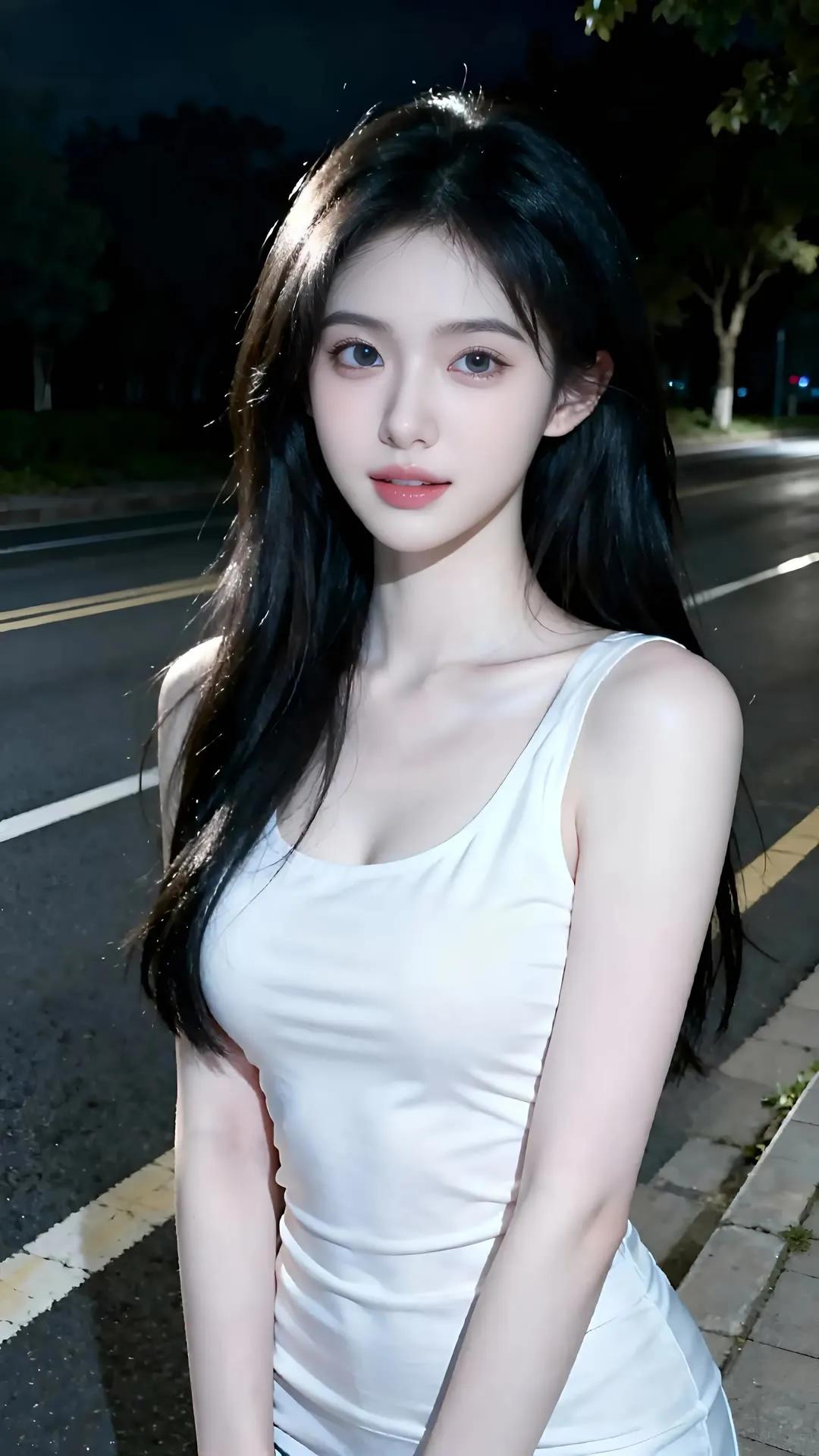 夜晚街头的少女，黑发白衣，静谧而美丽。街拍高清美女