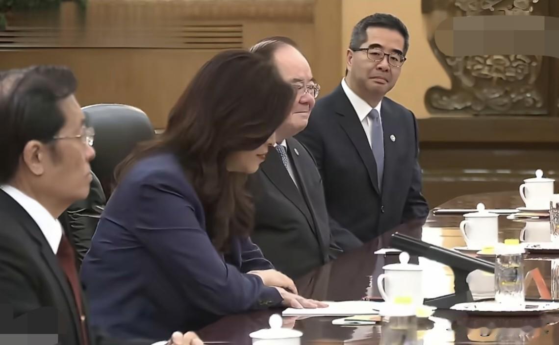 郑丽文在北京的会面，看得出一开始走进来握手，神情还是有点紧张，感觉肢体也有点僵硬