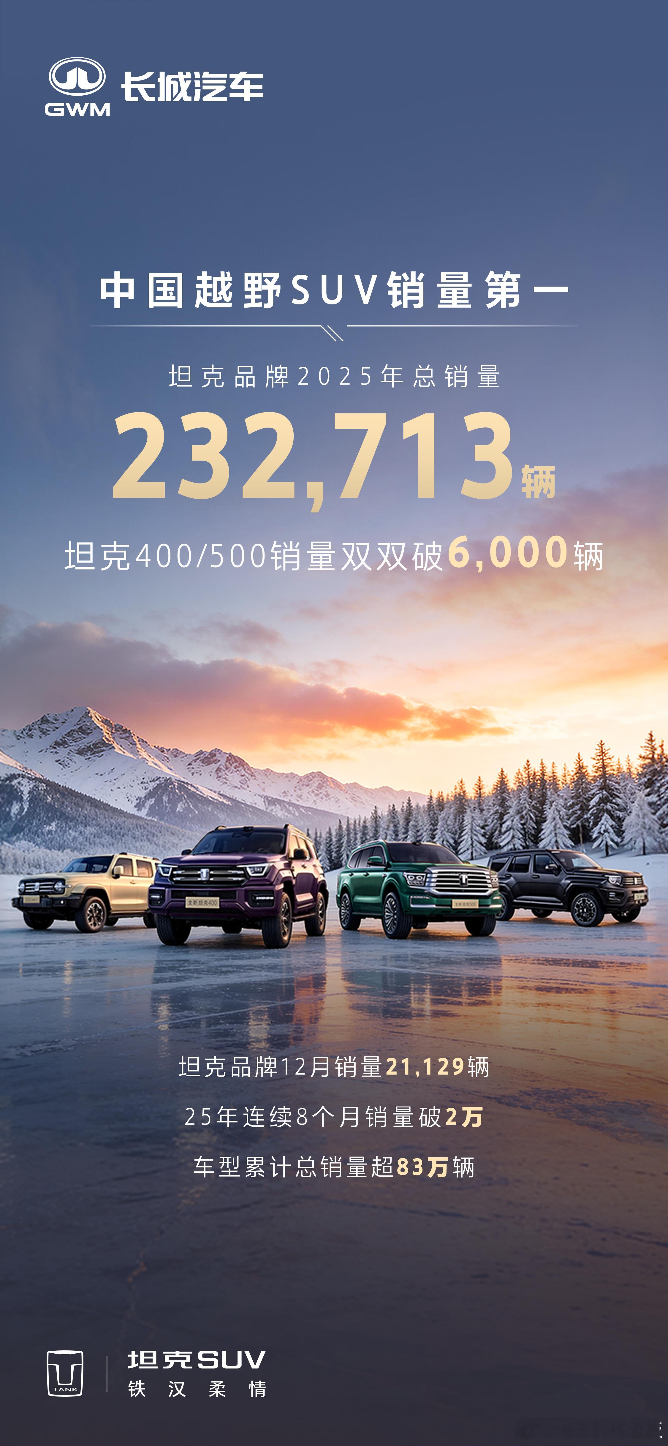 兄弟们！坦克销量直接杀红眼了！2025年坦克品牌总销量干到232713辆，稳坐