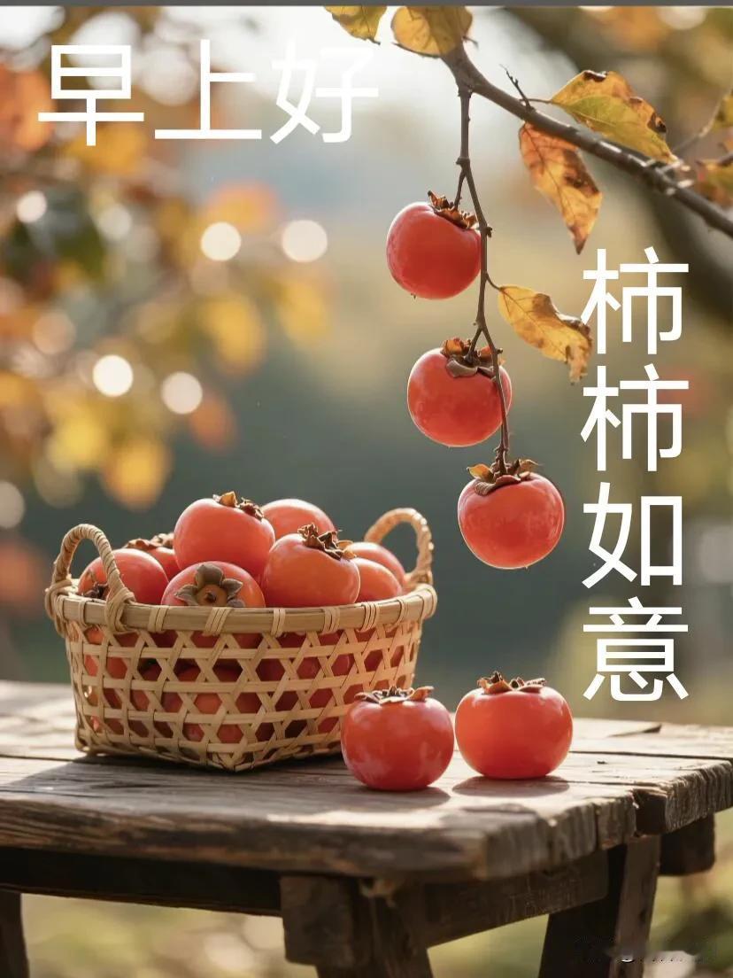 早上好！柿柿如意，岁岁安康。红柿挂枝，秋意温柔，愿万事顺心，好运常留。