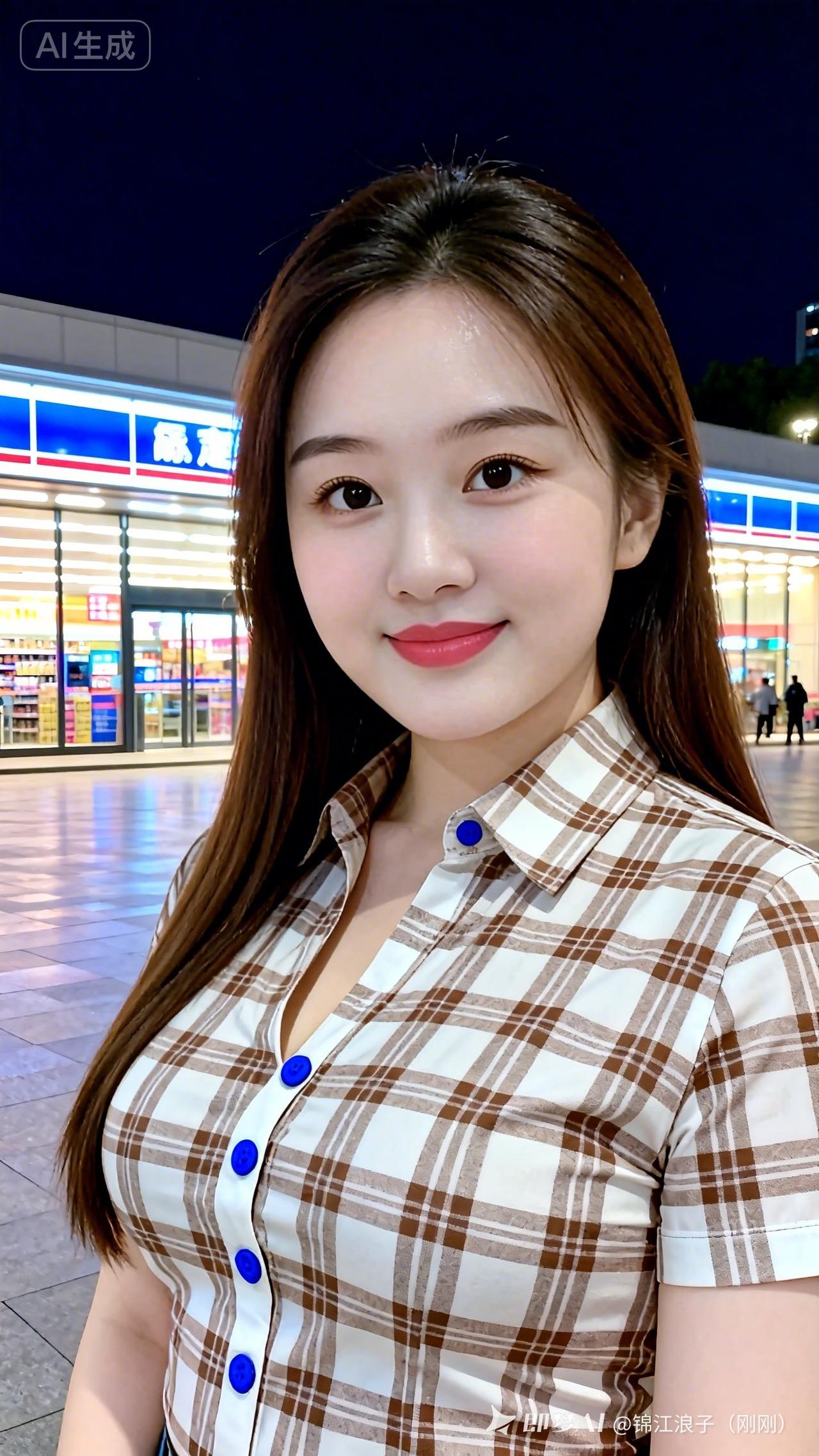 夜晚的便利店前，元气少女微笑自拍📸