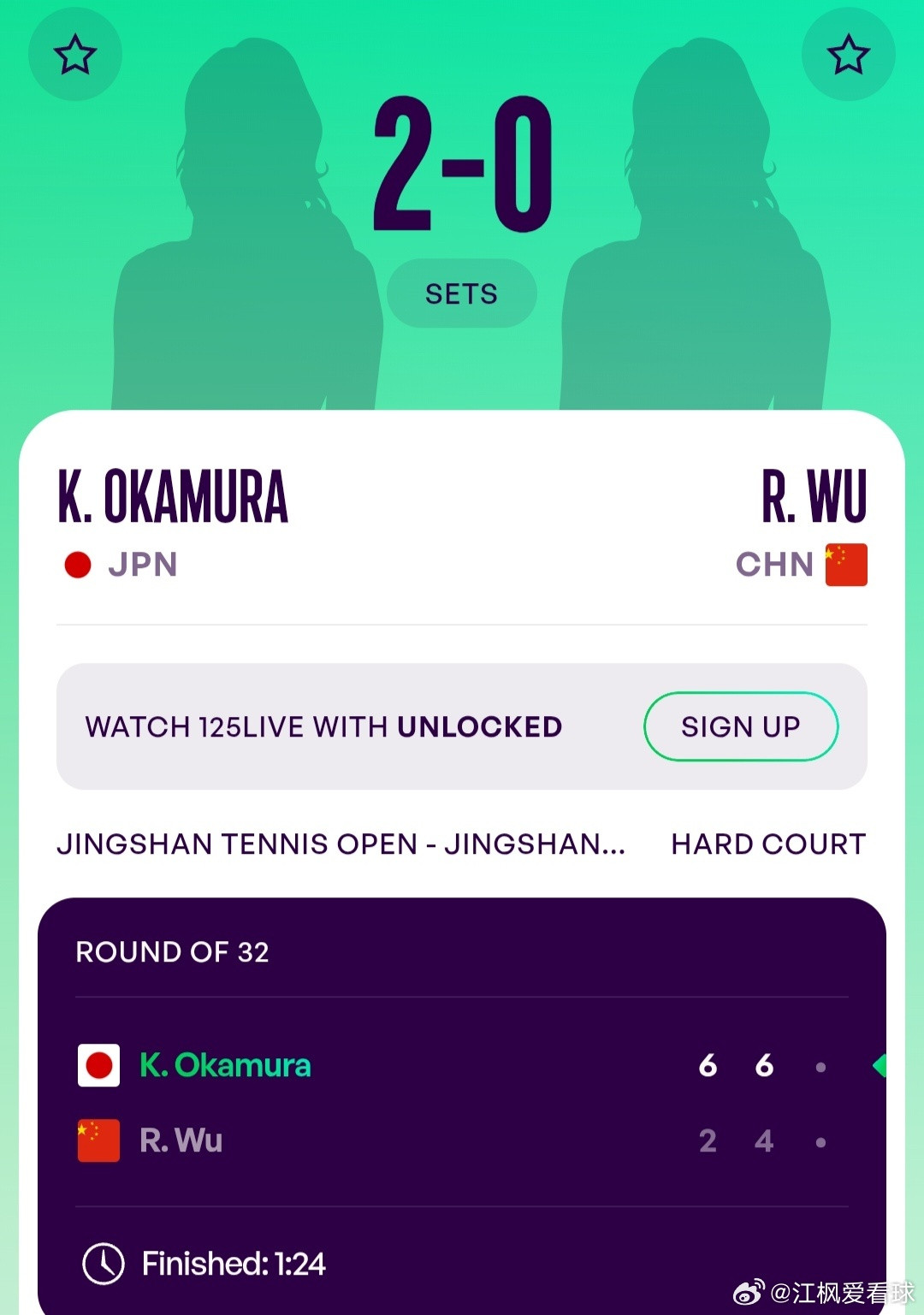 WTA125京山站🇨🇳女单首轮外卡参赛的吴汝茜🇨🇳2-6/4-6不敌冈村