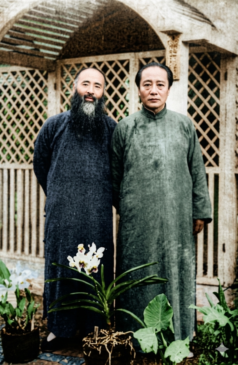 这张照片是中国近现代书画界的两位巨匠——张大千（左）与溥心畬（右）于1956年在