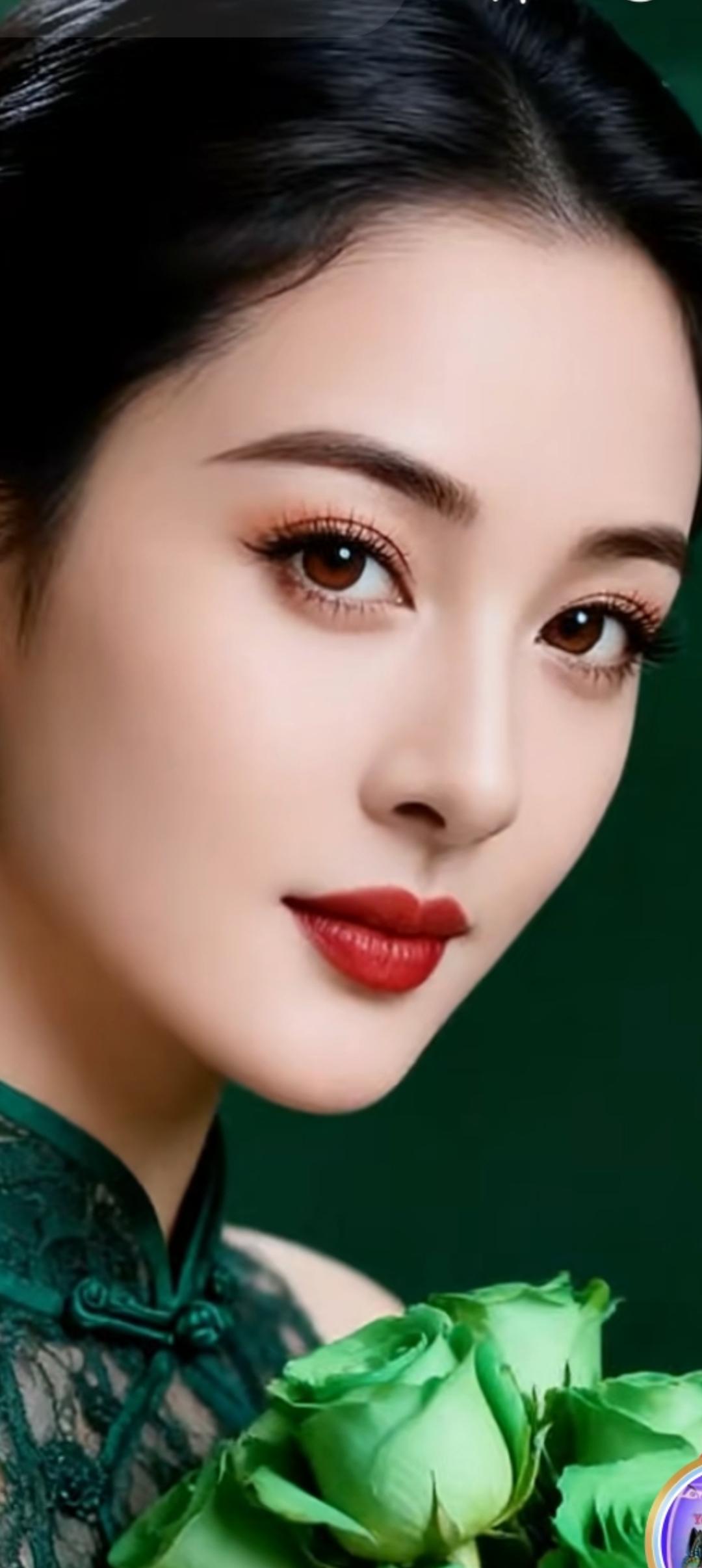 优雅红唇，绿意玫瑰，复古风情的迷人魅力。