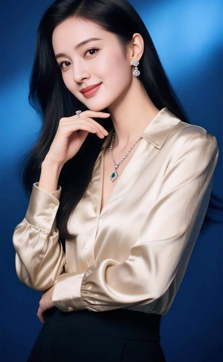 蓝背景托着香槟色的光丝缎轻轻呼吸，珠宝不声张手托住下巴，像托住一枚月亮