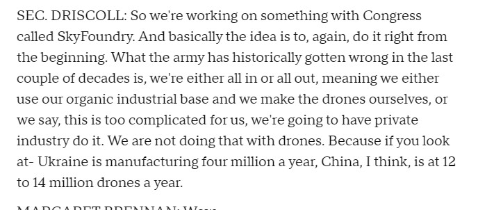 在接受CBS电视台采访时，美国陆军部长DRISCOLL表示，乌克兰每年生产400