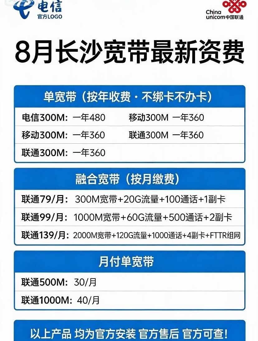 长沙联通月付单宽带1000m只要40元一个月宽带长沙宽带移动宽带联通宽带电
