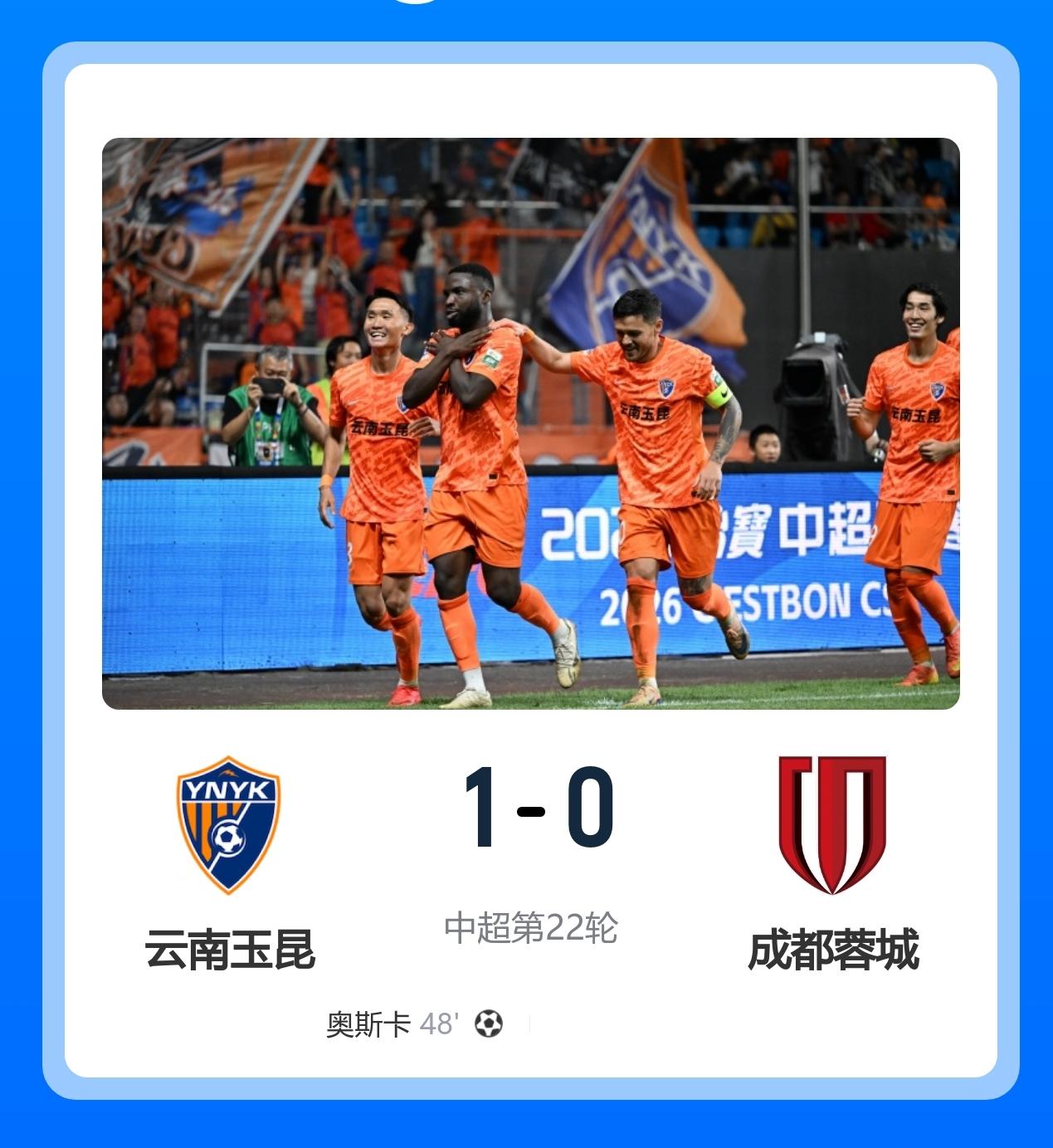 中超蓉城0-1客负玉昆6轮不胜！奥斯卡建功！8月8日20:00，中超第22