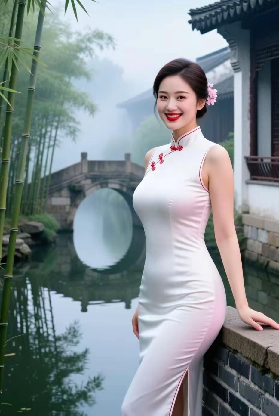 旗袍美人倚古桥，江南水乡韵味浓。