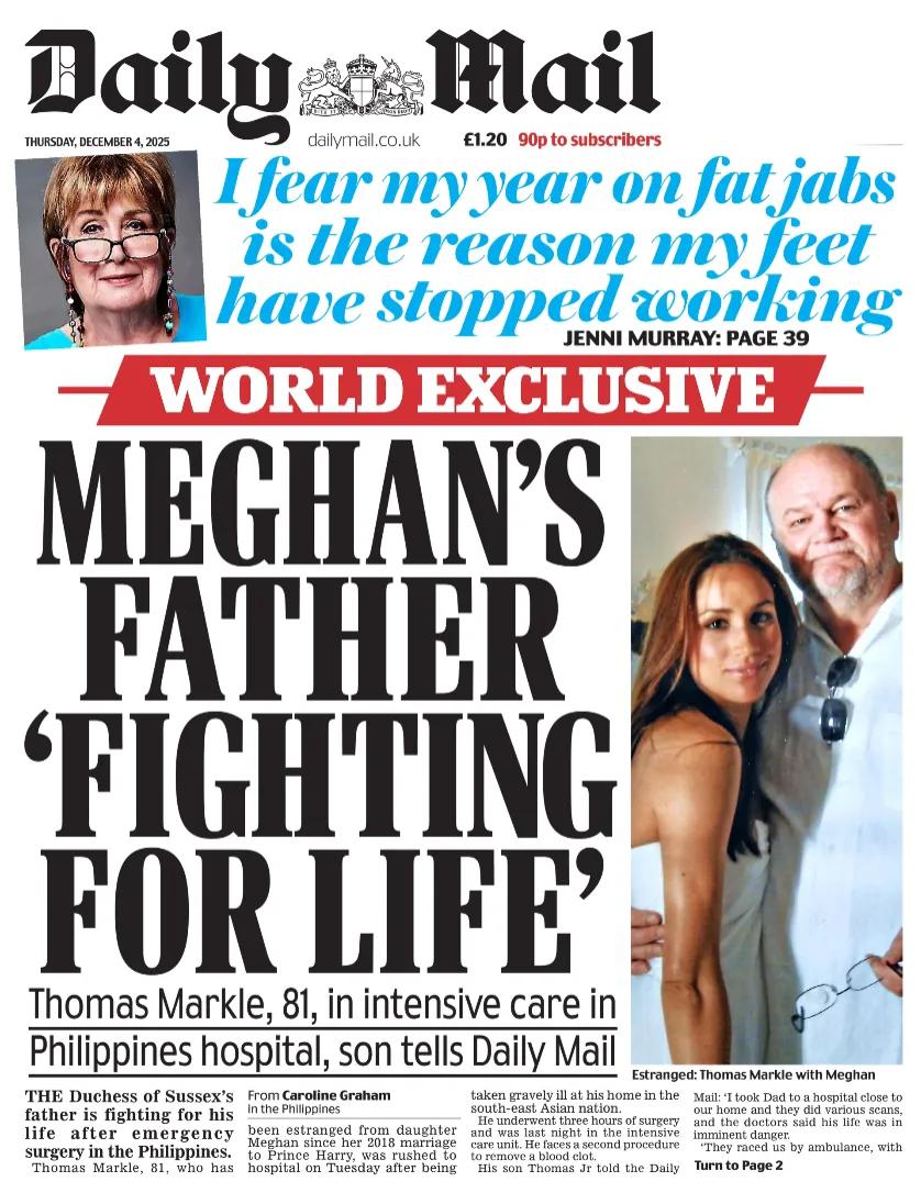 根据《每日邮报》报道，英国王室成员哈里王子的妻子梅根·马克尔的父亲在菲律宾接受紧