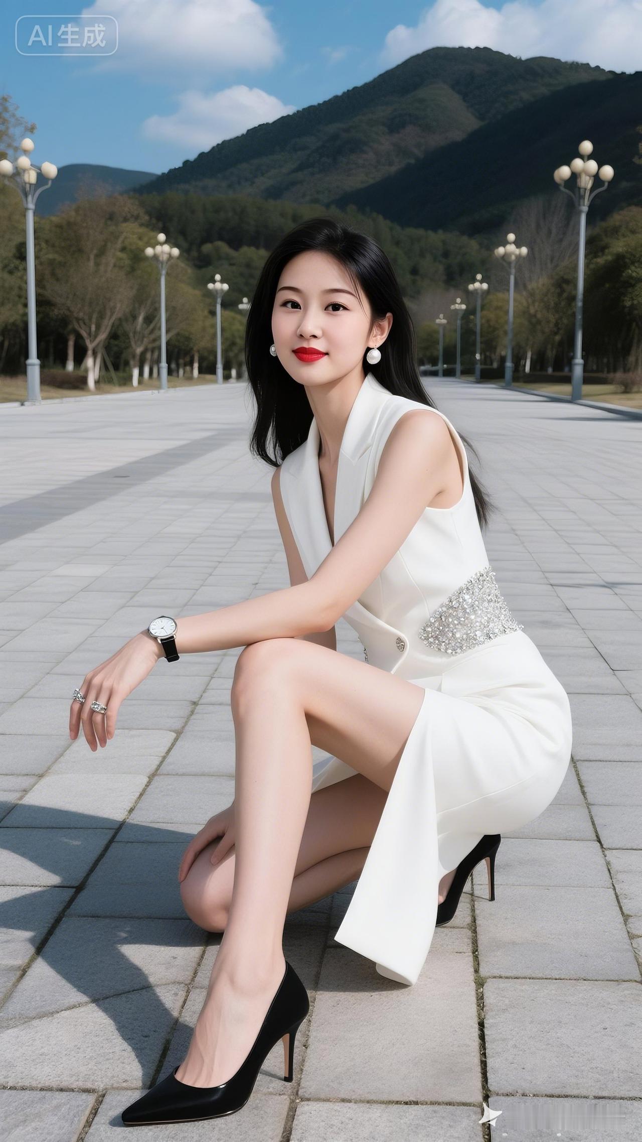女子乌黑长发垂落，珍珠耳饰与戒指点缀指间腕间，黑白腕表格外精致。身着带水钻开衩白