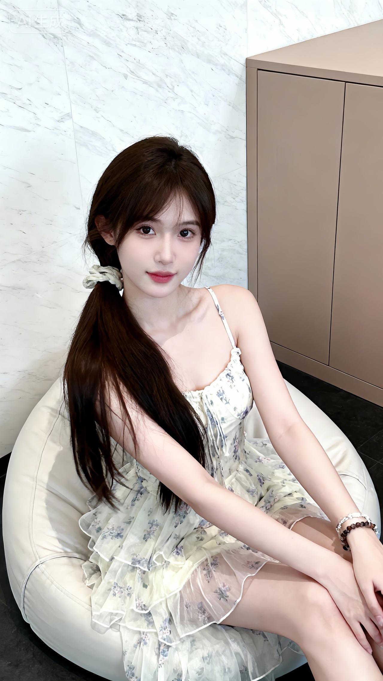 软沙发裹着浅夏，碎花裙缠上松垮的马尾，发带晃着柔雾般的甜。她往那儿一靠，连屋里的