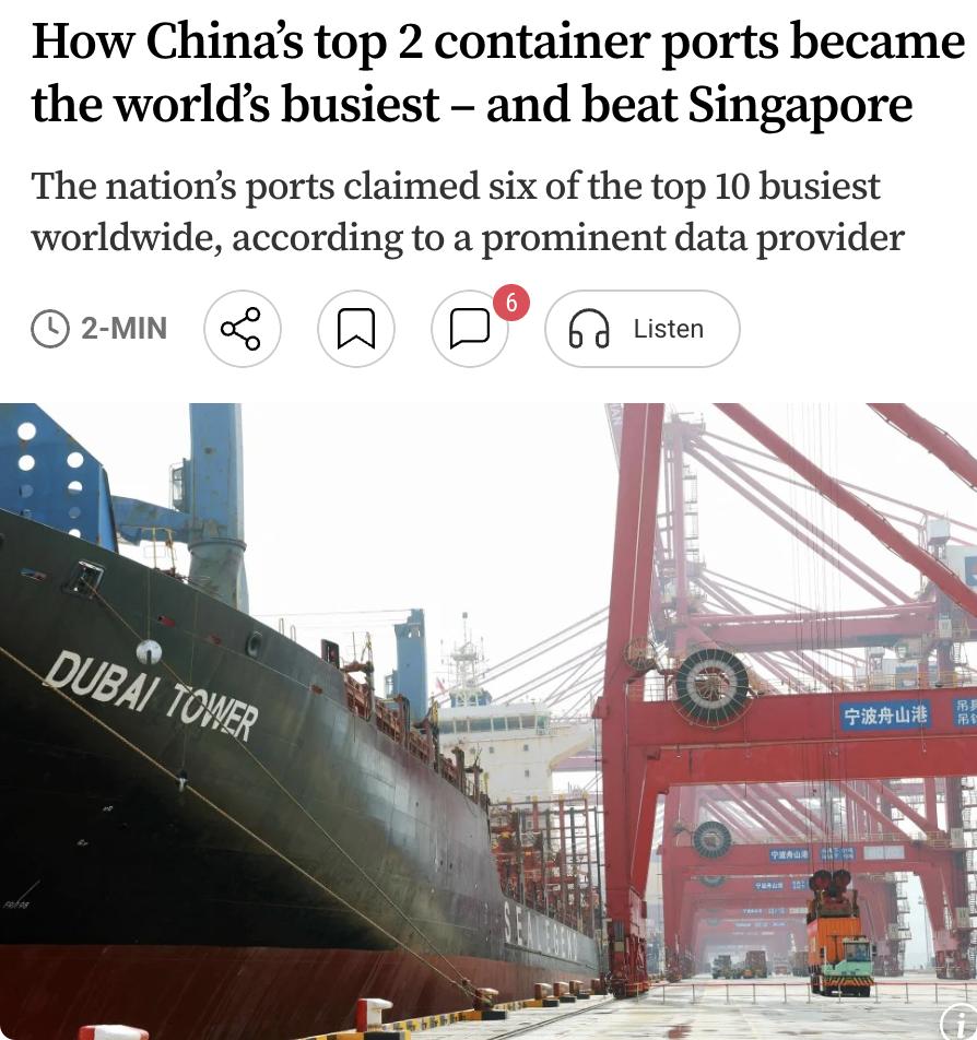 外媒：根据法国航运数据提供商Alphaliner的数据，2026年上半年中国长三