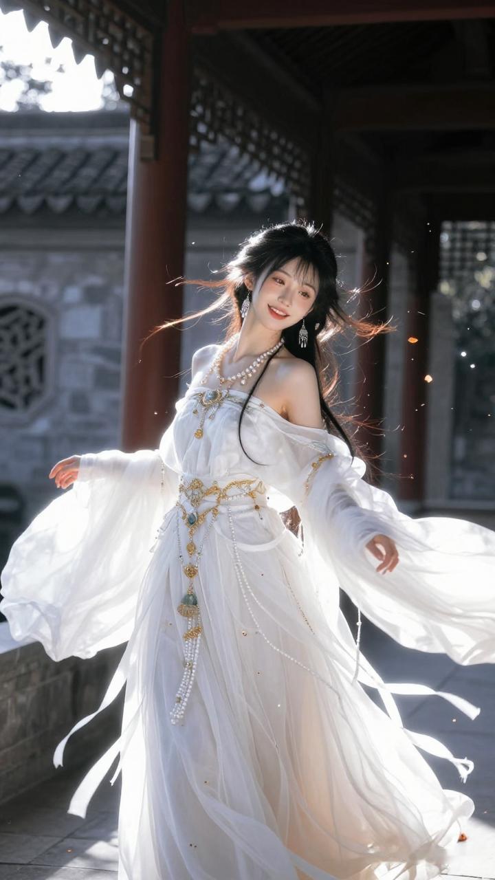 你喜欢哪一种气质的美人?穿越时空的仙子，轻盈舞动在古风庭院中。