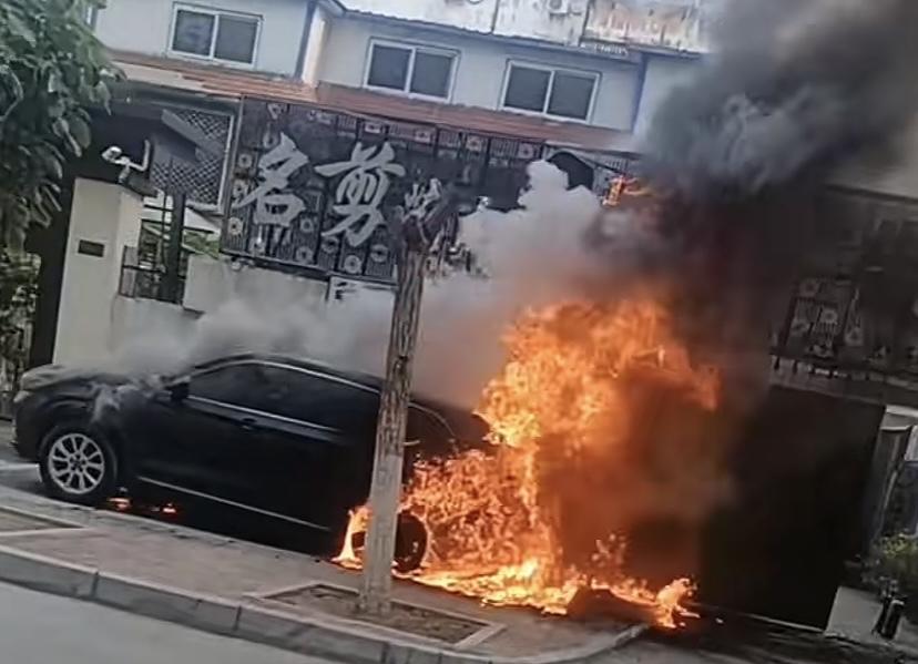 6月12日河南濮阳政和二路，一辆新能源汽车在静止状态下突然起火，火势发展得迅速又