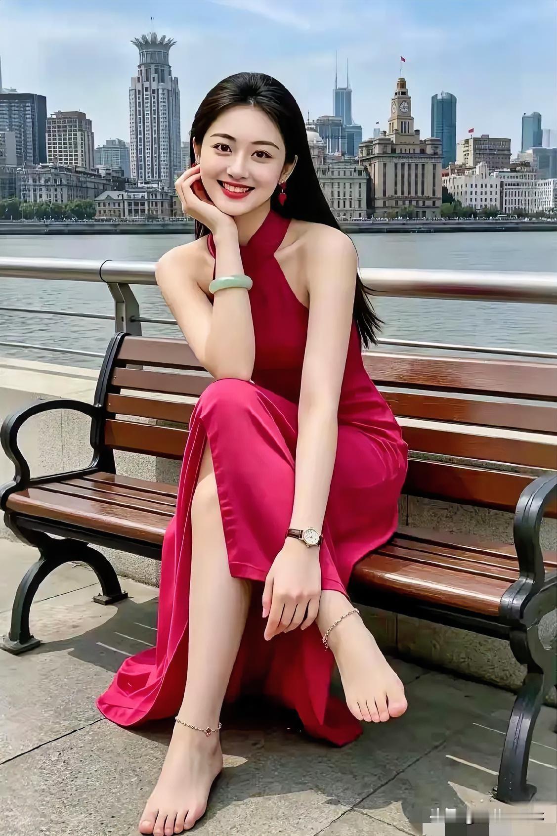 这才是我感觉遇到的最美女人，一袭红裙搭配合理，长发披肩，皮肤白净丝滑，身材高挑，